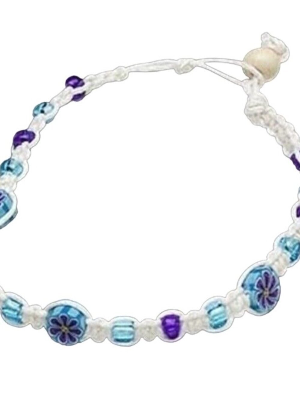 White Turquoise and Purple Flower Beads Macrame Fimo Clay Beads Bracelet
